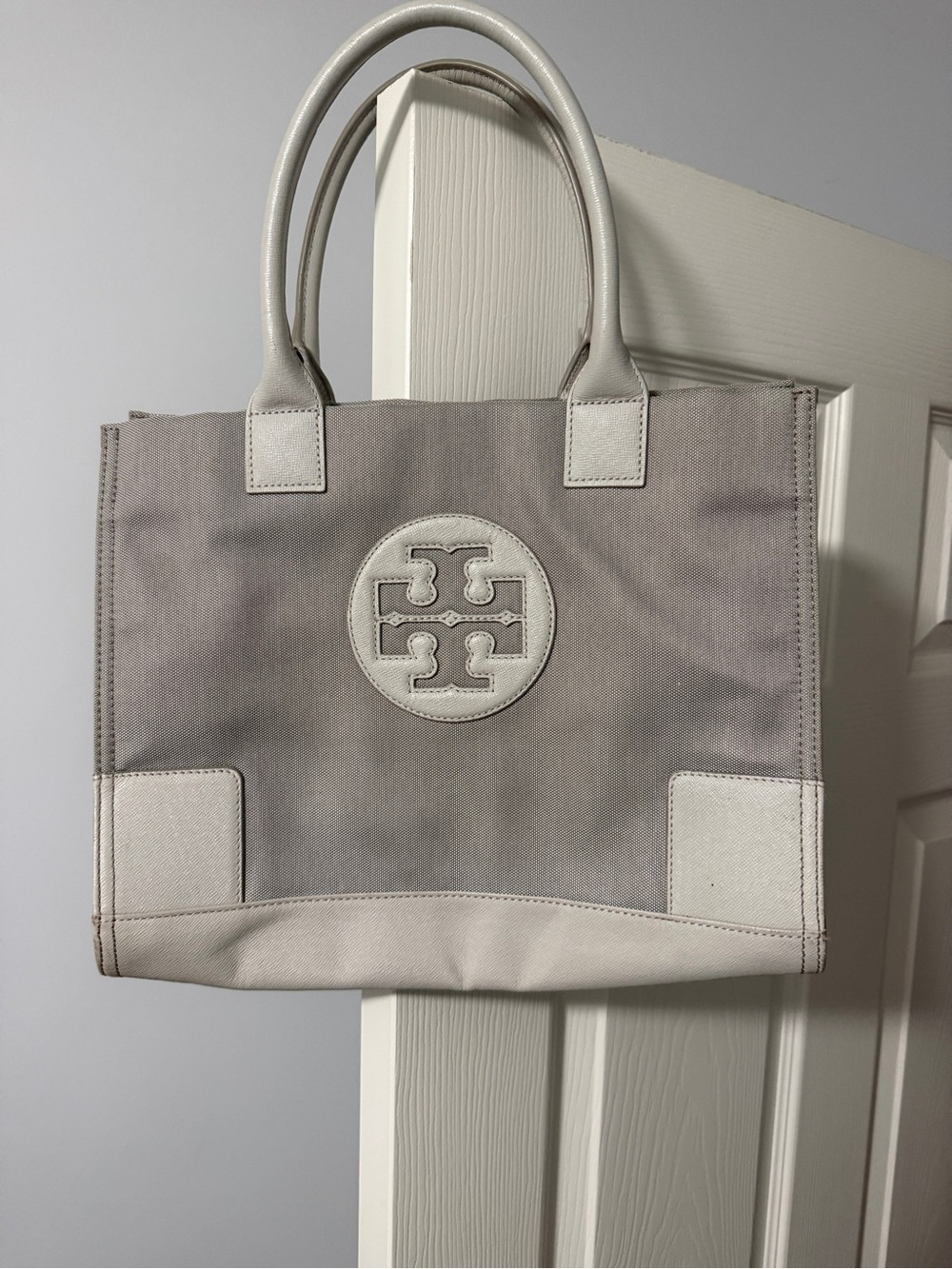 Tory Burch Gray Canvas Tote with Pale Leather Trim
